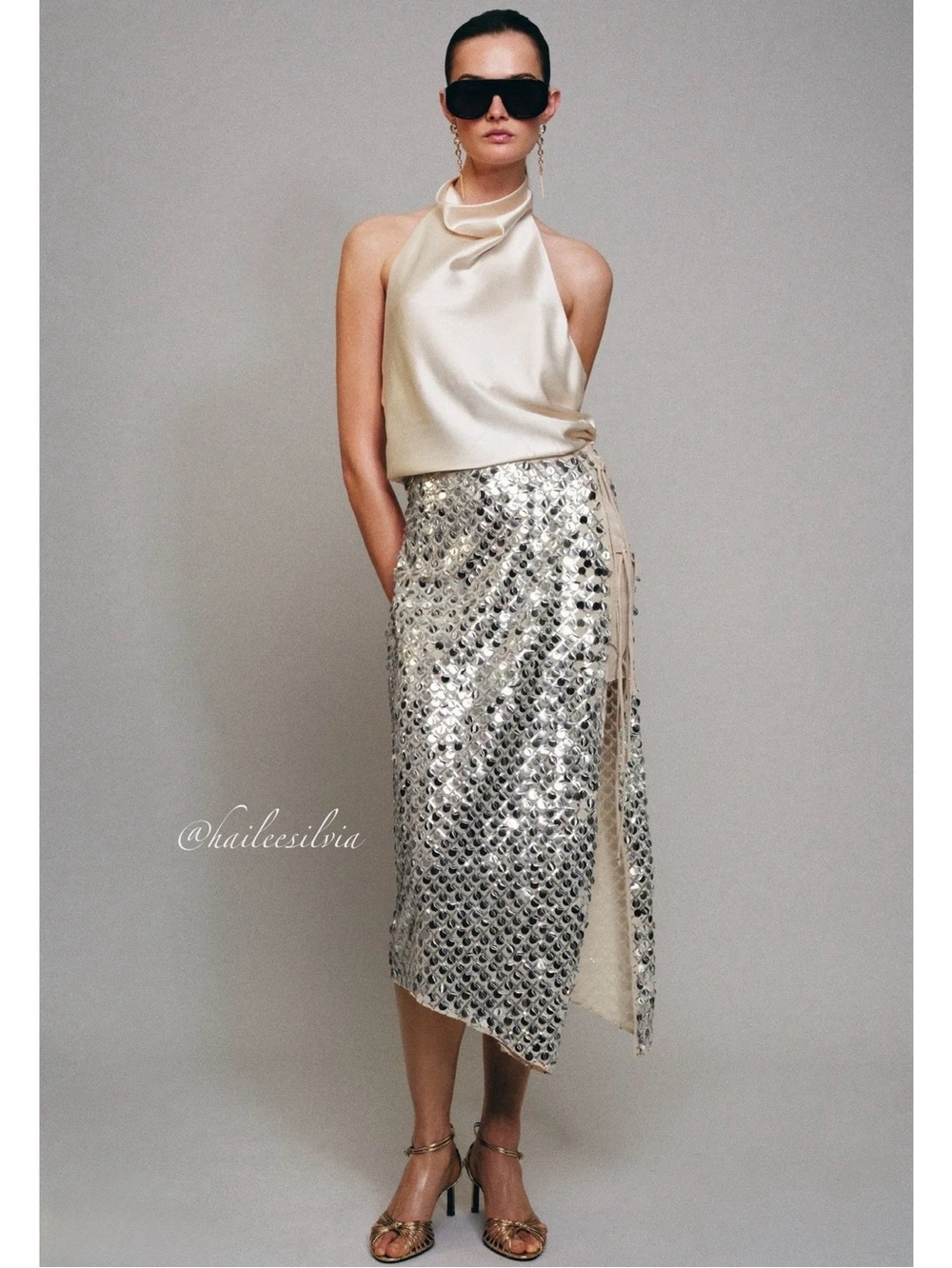 Sequin Midi Wrap Skirt in Silver